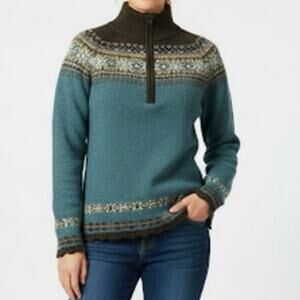 Eddie Bauer Fair Isle 1/4 Zip Mock Neck Sweater Scalloped Hem Size Petite M